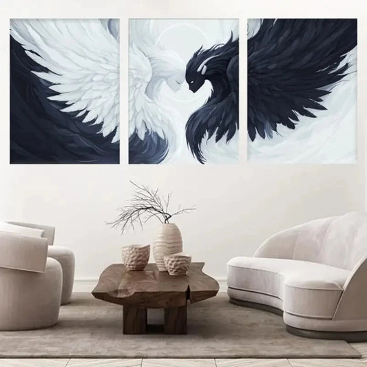 3pcs Black & White Wings Angel & Demon Metal Print Ready to Hang Art