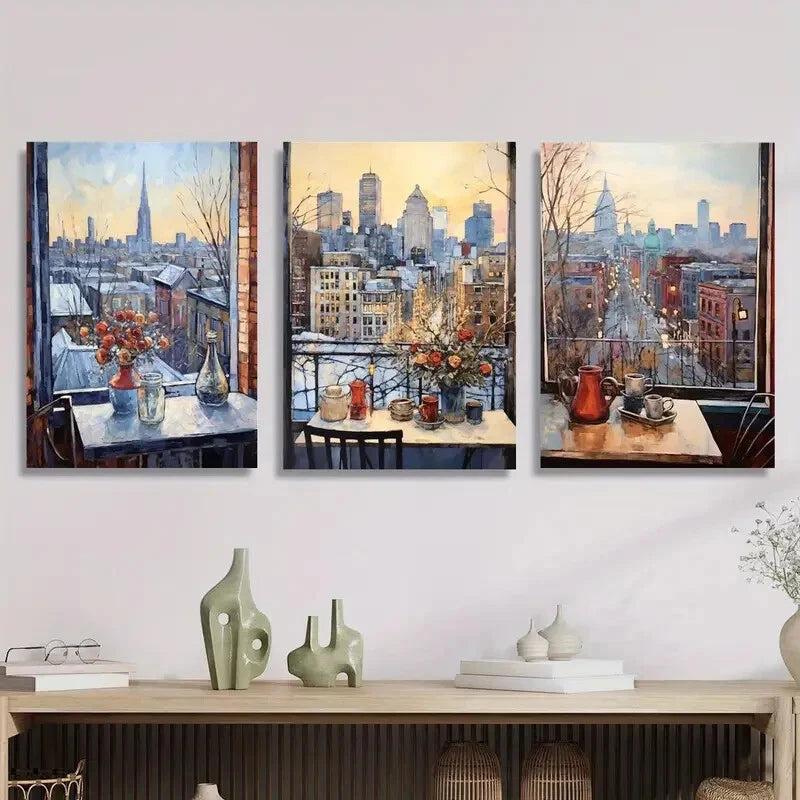 3pcs Chicago winter cityscape, impressionistic Metal Print Ready to Hang Art