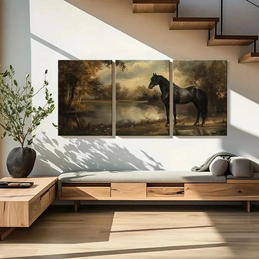 3pcs Black Horse Serene Lake Autumn Trees Metal Print Ready to Hang Art