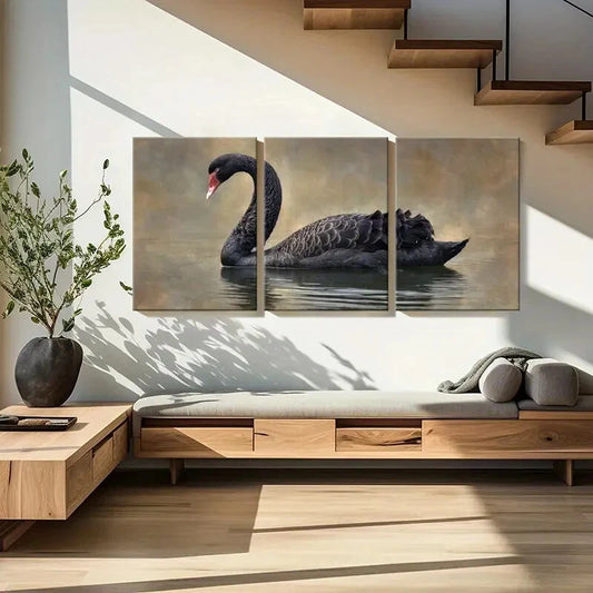 3pcs Elegant Black Swan Abstract Waterfowl Metal Print Ready to Hang Art