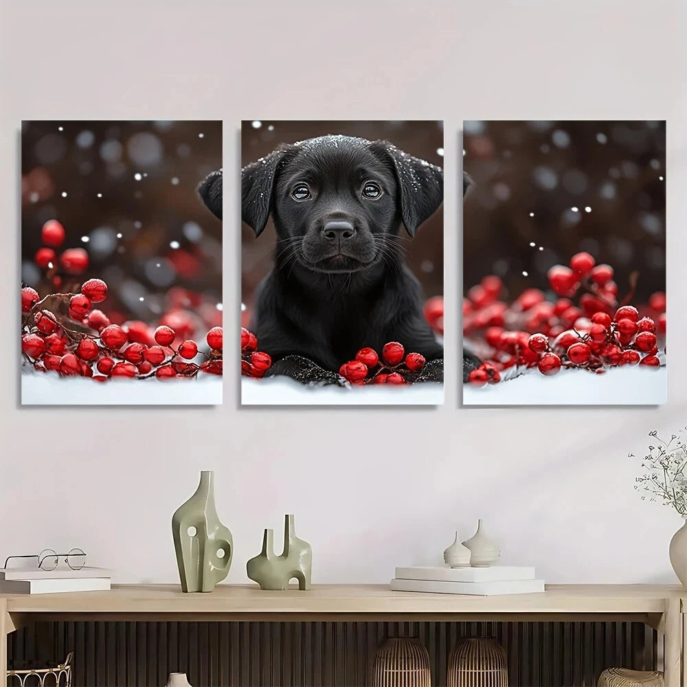 3pcs Black Dog Red Cherry Snowy White Metal Print Ready to Hang Art