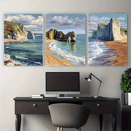 3pcs England Coastal Dorset Landscape Scene Wall Art Set Canvas Framed 50x70cm - High Quality Print 100% Australian Made Wall Canvas Ready to Hang