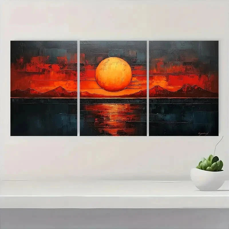 3pcs Abstract Sunset Beige & Brown Geometric Metal Print Ready to Hang Art