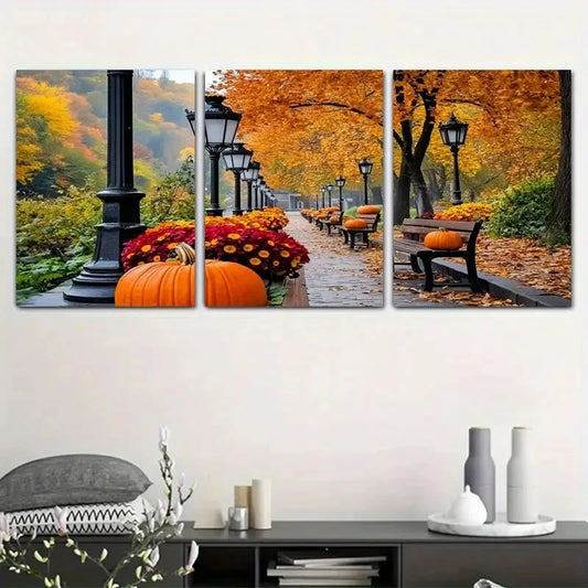 3pcs Autumn Scene with Lawn & Pumpkins Metal Print Ready to Hang Art