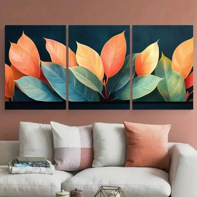 3pcs Cordyline Fruticosa Leaves Coral Green Wall Art Set Canvas Framed 50x70cm - High Quality Print 100% Australian Made Wall Canvas Ready to Hang