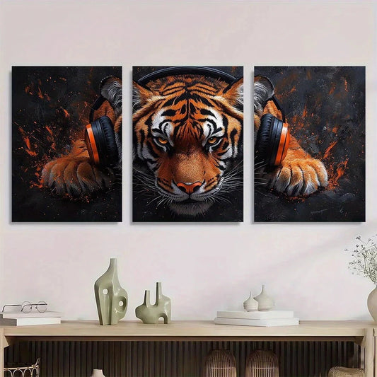 3pcs Funny Gamer Earphone Animals Tiger Metal Print Ready to Hang Art