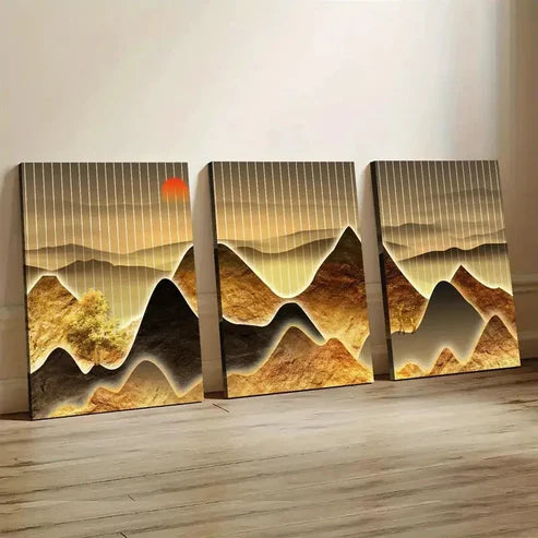 3pcs Golden Mountain Scenery with Sunset Wall Art Set Canvas Unframed - High Quality Print 100% Australian Made Wall Canvas