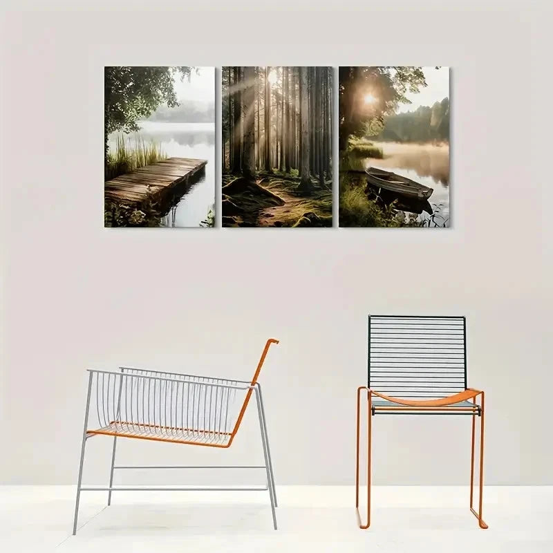 3pcs Nature Serenity Forest Lake and Boat Metal Print Ready to Hang Art