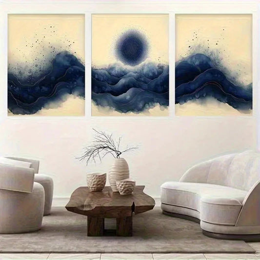 3pcs Abstract Blue Mountain Wave Style Metal Print Ready to Hang Art