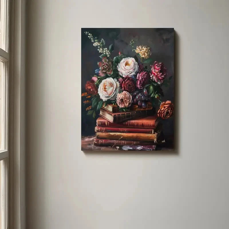 Vibrant Floral Bouquet On Books Painting 40x60cm Metal Print Ready to Hang
