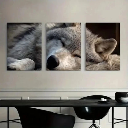 3pcs Gray Wolf Sleeping on Its Back Wall Art Metal Print Ready to Hang Art
