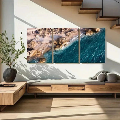 3pcs Sea Waves Coastline Rocks Decor Wall Art Set Canvas Framed 40x60cm - High Quality Print 100% Australian Made Wall Canvas Ready to Hang