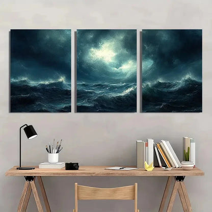 3pcs Moody Thunderstorm Dynamic Seascape Art Metal Print Ready to Hang Art