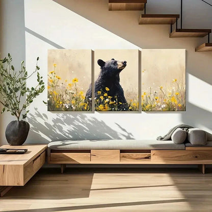 3pcs Artistic Bear Amidst Vibrant Flowers Metal Print Ready to Hang Art