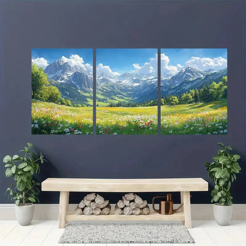 3pcs Alpine Meadows & Mountain Valley Landscape Metal Print Ready to Hang Art