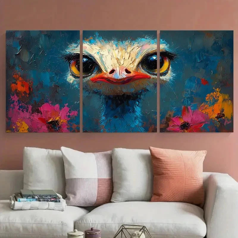 3pcs Vibrant Ostrich Bird Portrait with Bold Color Metal Print Ready to Hang Art