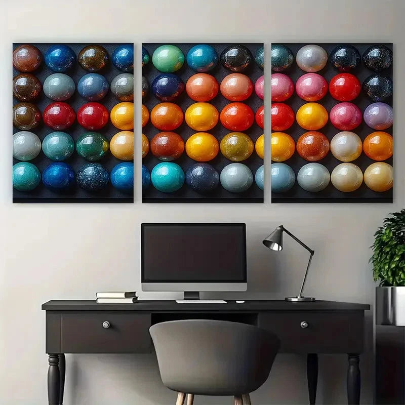 3pcs Vibrant Marble Balls Illustration Metal Print Ready to Hang Art