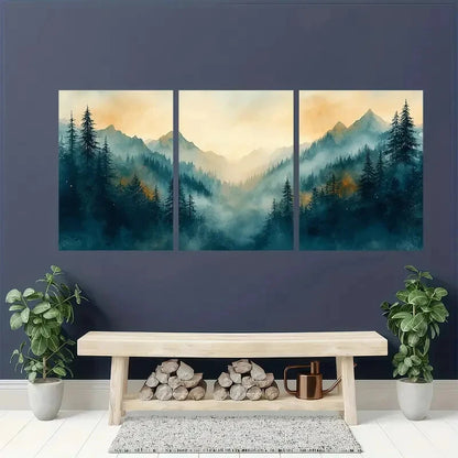 3pcs Abstract Forest Evergreen Trees Landscape Metal Print Ready to Hang Art