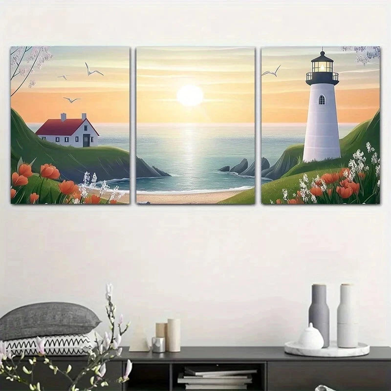 3pcs Lighthouse Seaside Sunset Metal Print Ready to Hang Art