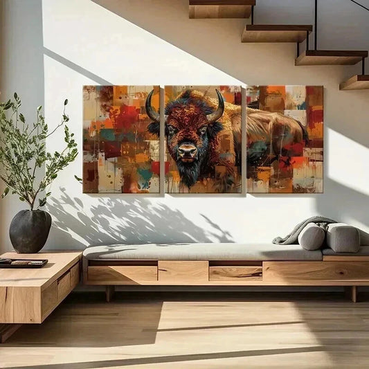 3pcs Abstract Bison Vibrant Color Bold Lines Metal Print Ready to Hang Art