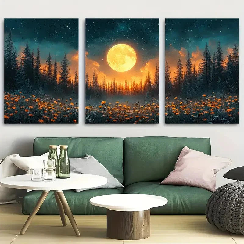 3pcs Moonlit Forest Wildflowers and Starry Sky Metal Print Ready to Hang Art