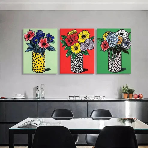 3pcs Colorful Floral Flower Vases Wall Art Canvas Unframed - High Quality Print 100% Australian Made Wall Canvas