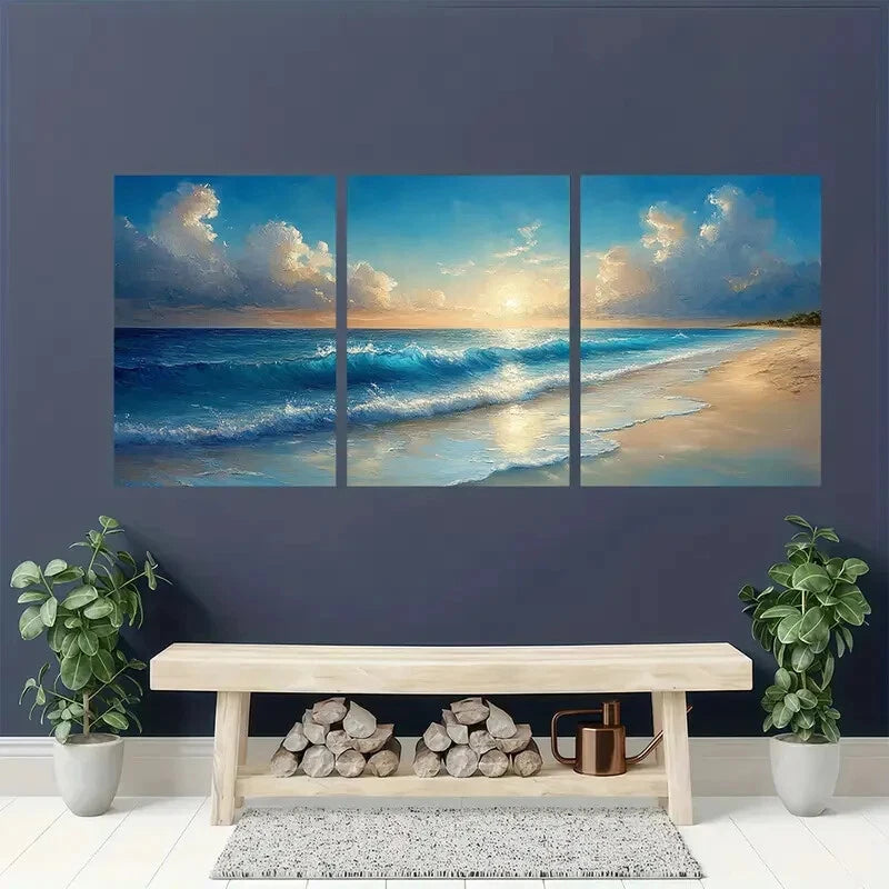 3pcs Serene Sunset & Wave Scenery Oil Painting Metal Print Ready to Hang Art