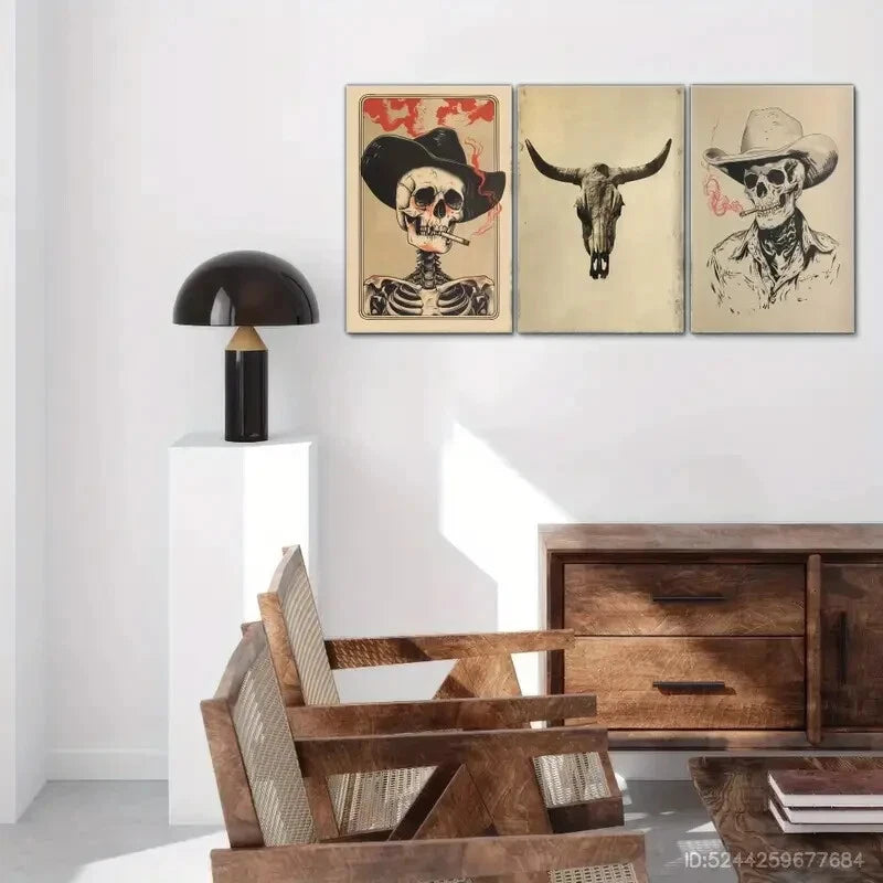 3pcs Expression Longhorn Skull Print Country Metal Print Ready to Hang Art