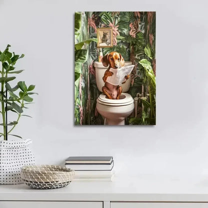 Cute Sitting Dog Reading Newspaper Painting 40x60cm Metal Print Ready to Hang