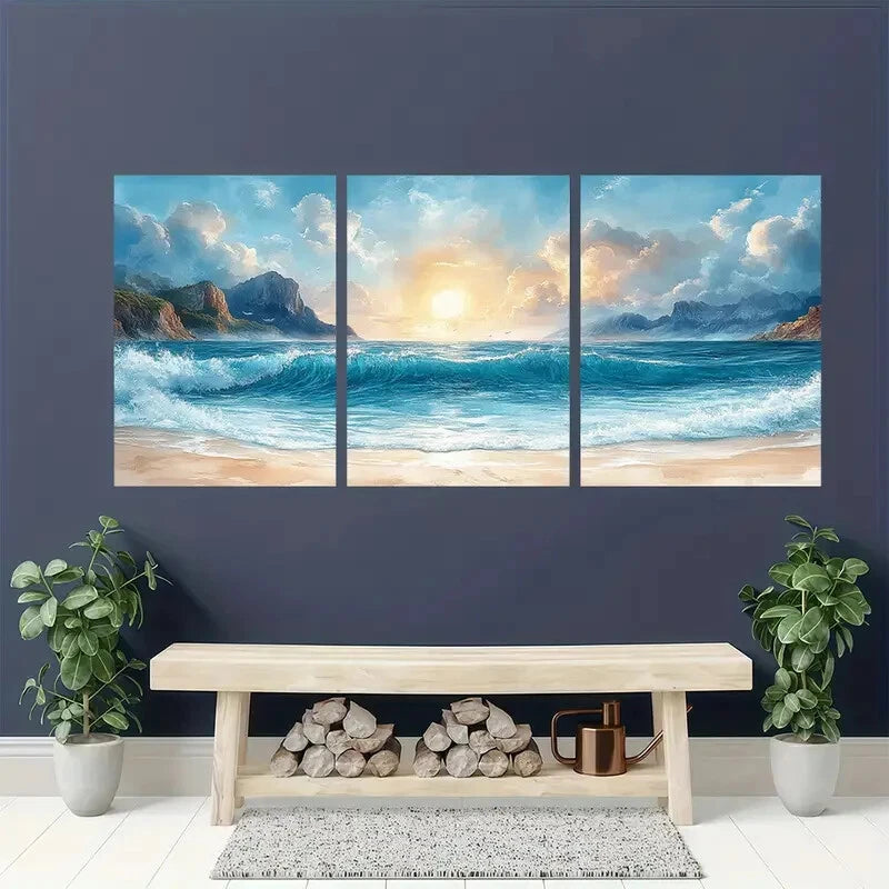 3pcs Ocean Beach Sunset with Waves and Mountains Metal Print Ready to Hang Art