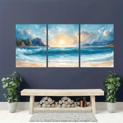3pcs Ocean Beach Sunset with Waves and Mountains Metal Print Ready to Hang Art