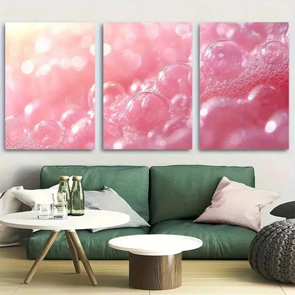 3pcs Vibrant Retro Pink Bathroom Bubbles Abstract Metal Print Ready to Hang Art