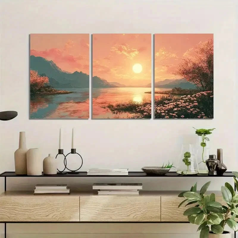 3pcs Serene Sunset Over Expansive Waters Metal Print Ready to Hang Art