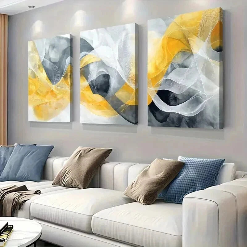 3pcs Abstract Yellow And Gray Geometric Wall Art Set Canvas Framed 40x60cm - High Quality Print 100% Australian Made Wall Canvas Ready to Hang