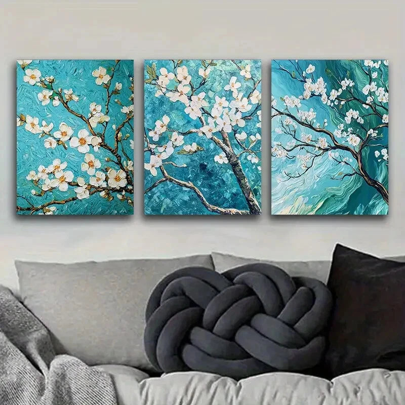 3pcs Green And White Blossoming Almond Trees Metal Print Ready to Hang Art