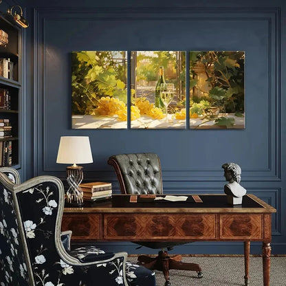 3pcs Vintage Wine & Grape Vineyard Sunlit Scene Metal Print Ready to Hang Art