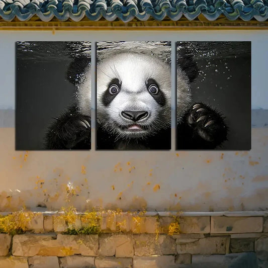 3pcs Swimming Panda Modern Design Metal Print Ready to Hang Art