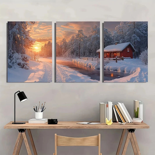 3pcs Winter Wonderland Scene Snow Sunset Metal Print Ready to Hang Art
