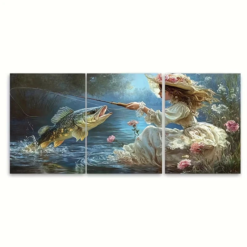 3pcs Victorian Girl and Fish Art Print Metal Print Ready to Hang Art