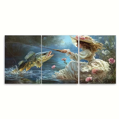 3pcs Victorian Girl and Fish Art Print Metal Print Ready to Hang Art