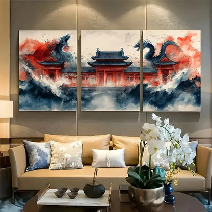 3pcs Twin Dragons Japanese Building Metal Print Ready to Hang Art