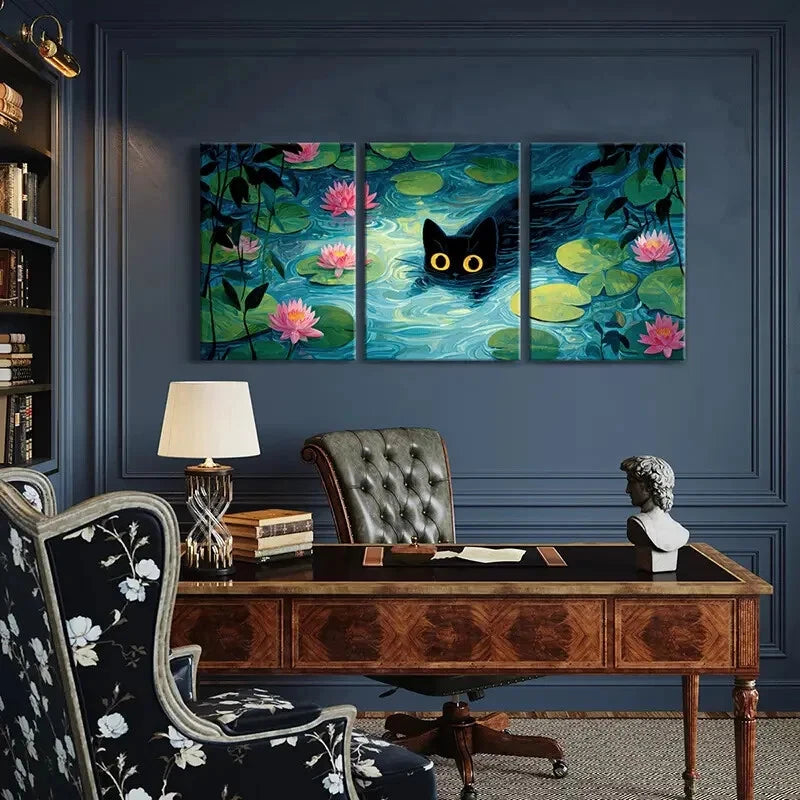 3pcs Black Cat for Lotus Pond Night Scene Metal Print Ready to Hang Art