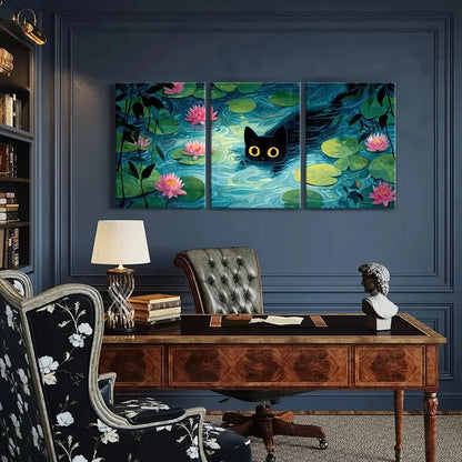 3pcs Black Cat for Lotus Pond Night Scene Metal Print Ready to Hang Art
