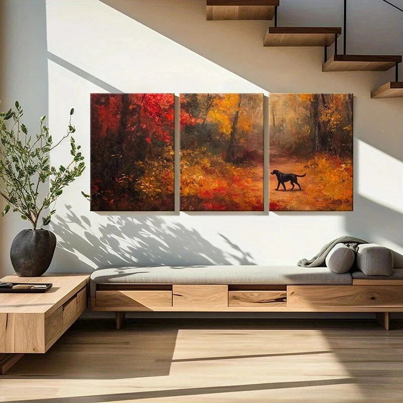 3pcs Autumn Forest Black Dog Vibrant Color Metal Print Ready to Hang Art