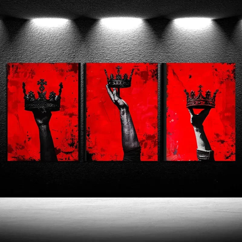 3pcs Chic Crown in Red Background Metal Print Ready to Hang Art