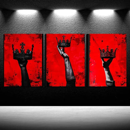 3pcs Chic Crown in Red Background Metal Print Ready to Hang Art