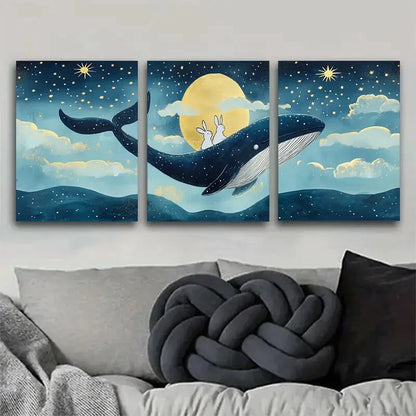 3pcs Rabbits Riding a Majestic Whale Perfect Wall Art Set Canvas Framed 40x60cm - High Quality Print 100% Australian Made Wall Canvas Ready to Hang