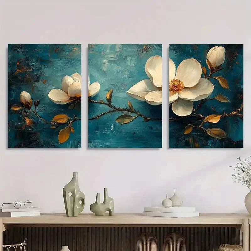 3pcs Magnolia flowers Modern Abstract Metal Print Ready to Hang Art