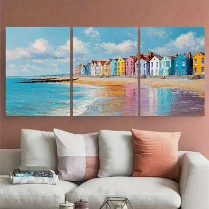 3pcs Worthing West Sussex Coastal Illustration Wall Art Set Canvas Framed 40x60cm - High Quality Print 100% Australian Made Wall Canvas Ready to Hang
