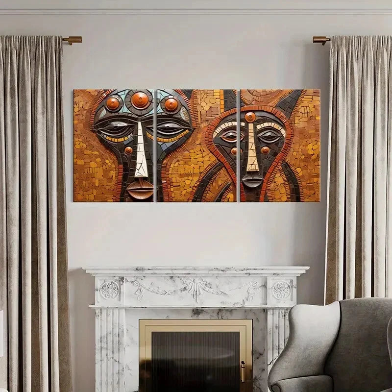 3pcs Abstract Tribal Faces Mosaic Ethnic Art Metal Print Ready to Hang Art